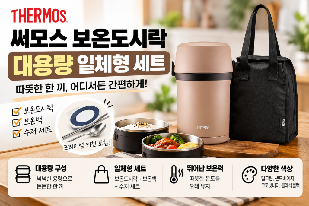 수능 준비 보온 도시락 | 써모스 보온도시락 TKHL-1500 대용량 일체형 보온백 수저 세트 제품 이미지